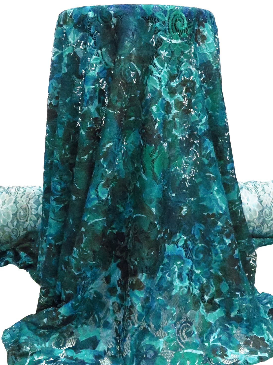 Aqua/Teal/Dark Green/Multi Nylon/Lycra Double Scalloped Border Abstract Print On Floral Weave Stretch Lace - NY Designer - 55W