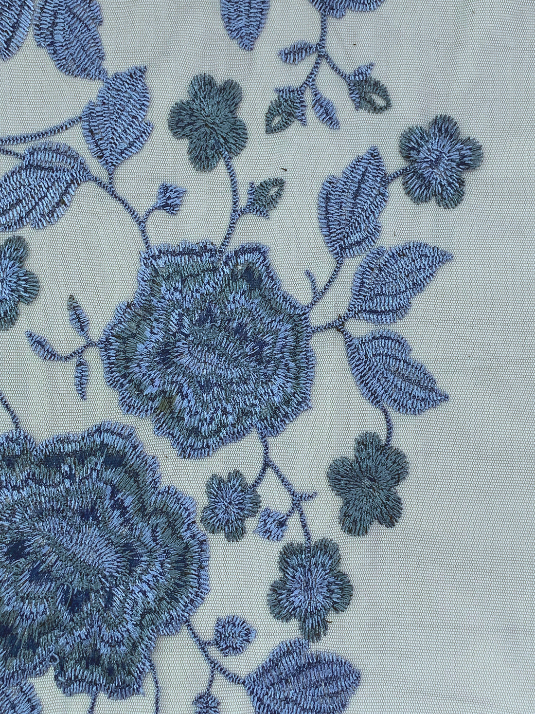 French Sky Blue/Navy/Slate 100% Nylon Embroidered Floral Netting - NY Designer - 58W