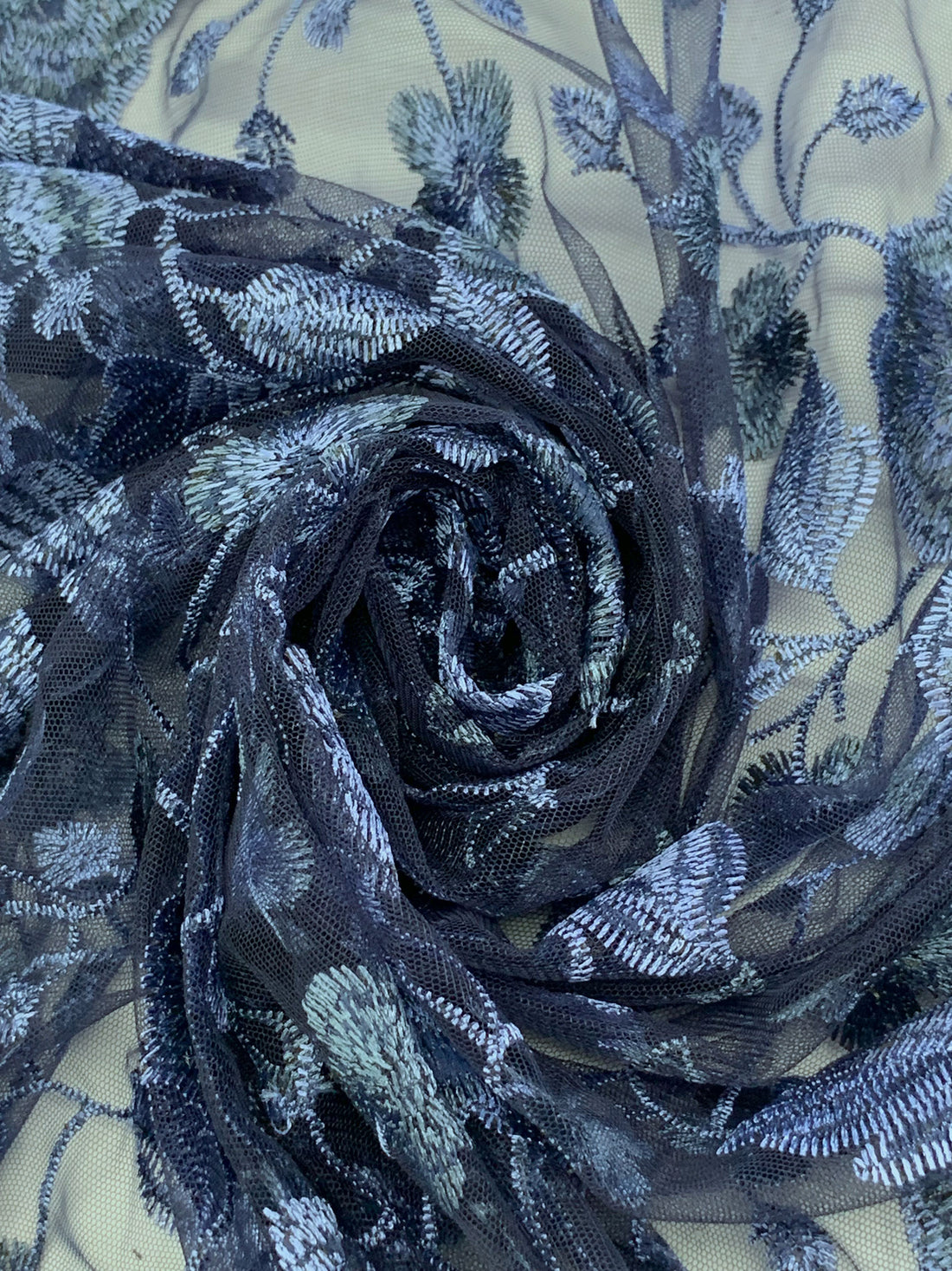 French Sky Blue/Navy/Slate 100% Nylon Embroidered Floral Netting - NY Designer - 58W