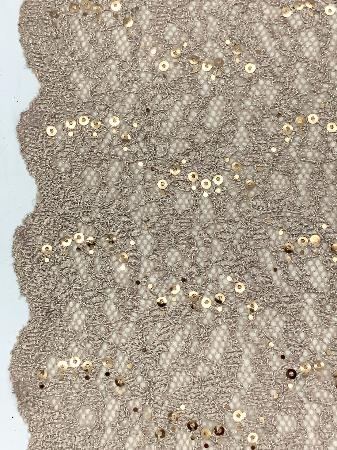Stone Taupe/Gold/Silver 100% Polyester Double Scalloped Border Corded Floral Design Lace With Sequins & Glitter 54W