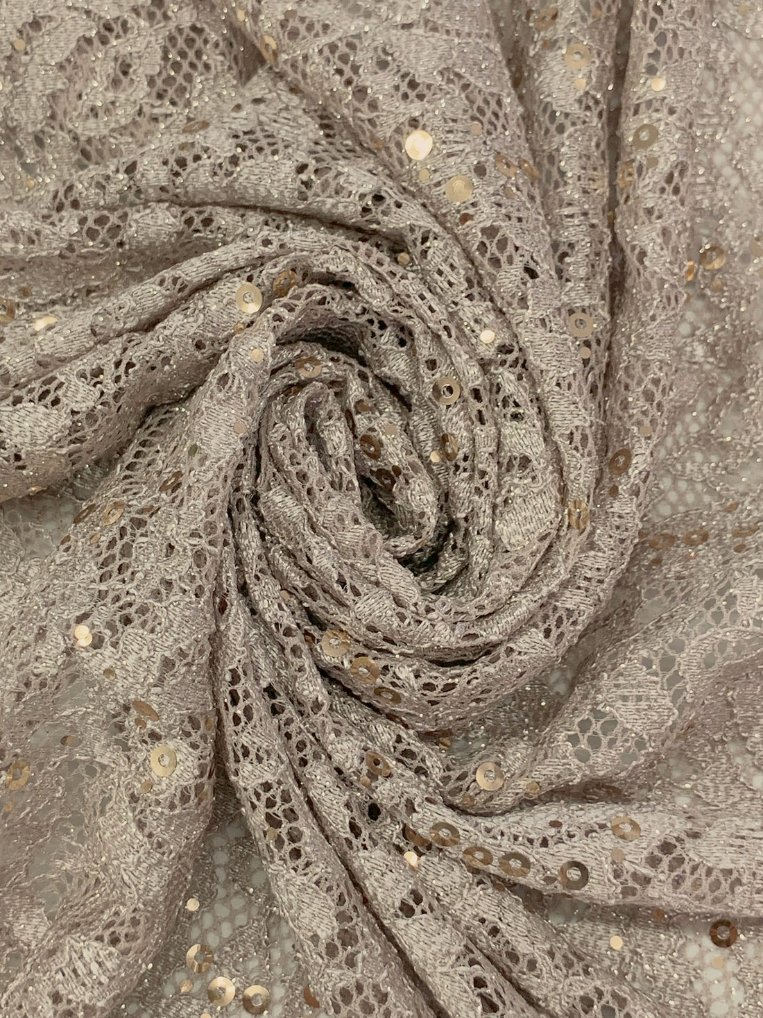 Stone Taupe/Gold/Silver 100% Polyester Double Scalloped Border Corded Floral Design Lace With Sequins & Glitter 54W