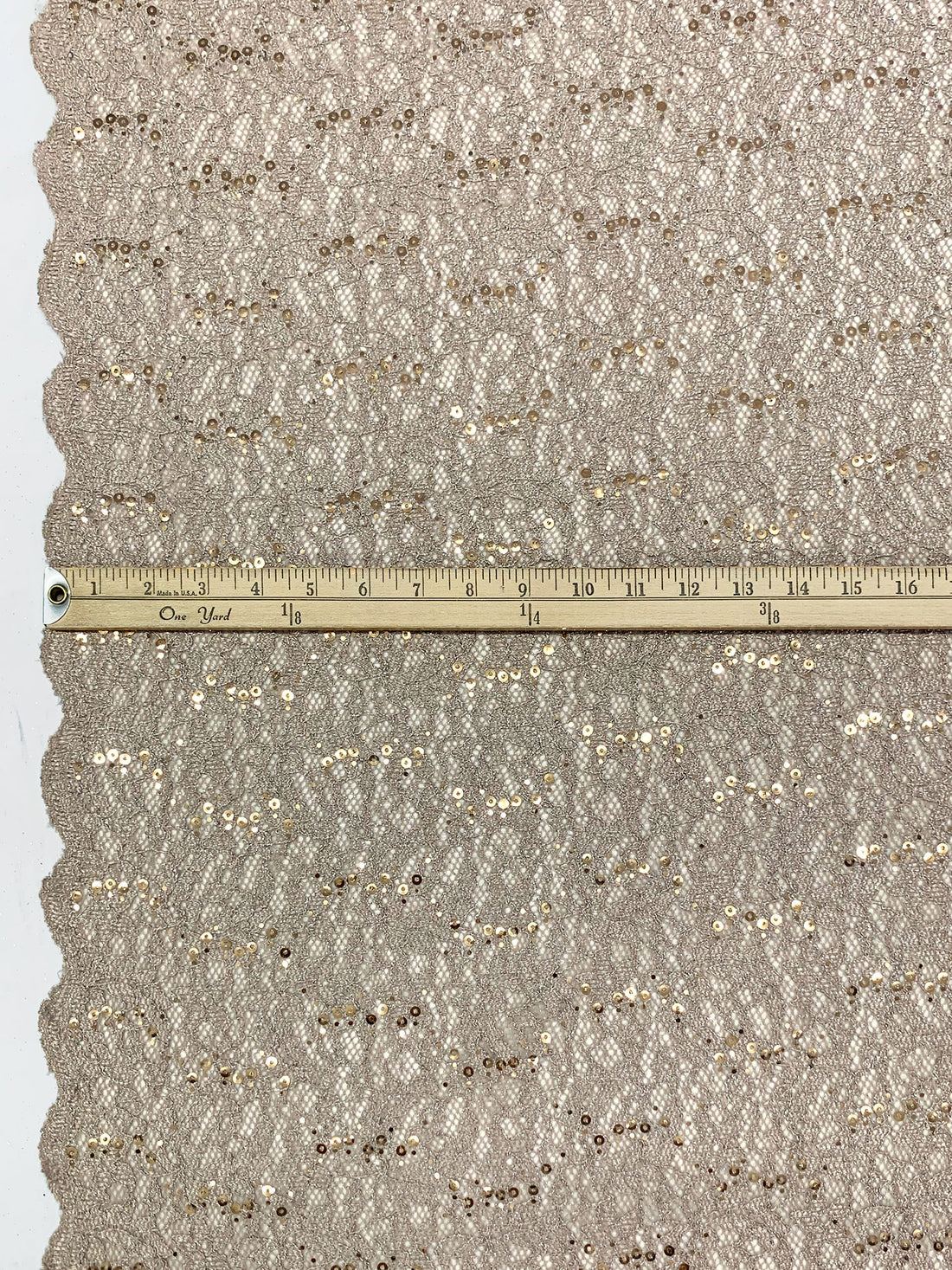 Stone Taupe/Gold/Silver 100% Polyester Double Scalloped Border Corded Floral Design Lace With Sequins & Glitter 54W