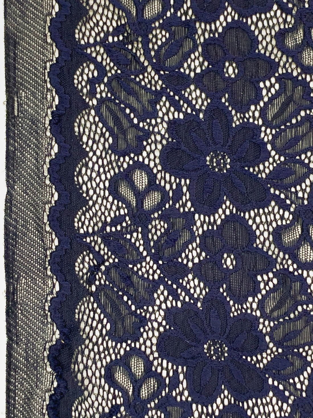 Dark Navy/Prussian Blue Nylon/Lycra Double Scalloped Border Re-Embroidered Floral Design Stretch Lace With Sequins - NY Designer - 56W