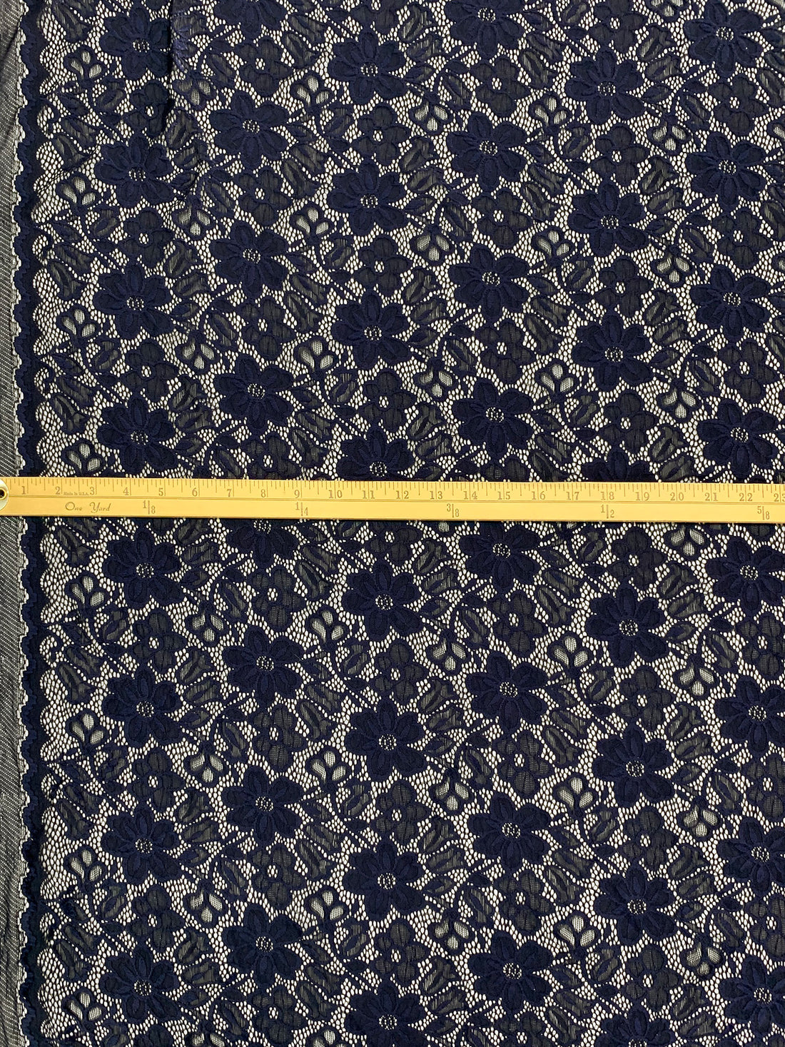 Dark Navy/Prussian Blue Nylon/Lycra Double Scalloped Border Re-Embroidered Floral Design Stretch Lace With Sequins - NY Designer - 56W