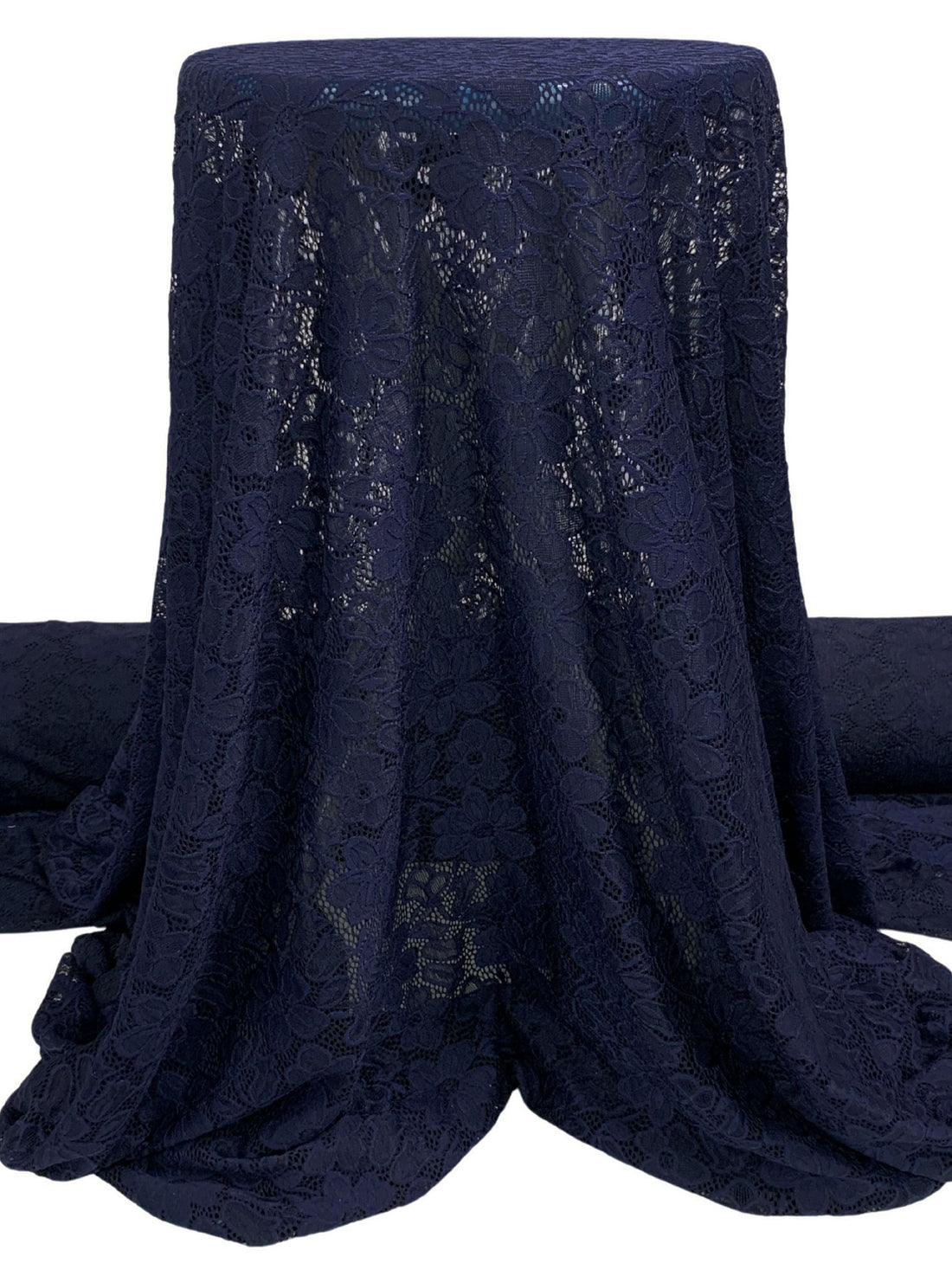 Dark Navy/Prussian Blue Nylon/Lycra Double Scalloped Border Re-Embroidered Floral Design Stretch Lace With Sequins - NY Designer - 56W