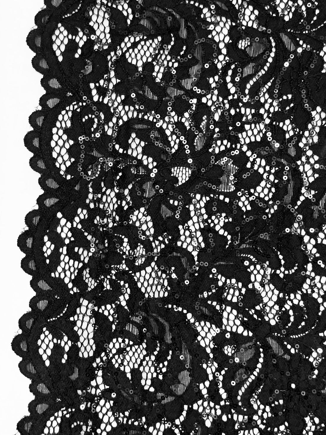 Black Nylon/Lycra Double Scalloped Border Floral Design Stretch Lace With Sequins - NY Designer - 56W