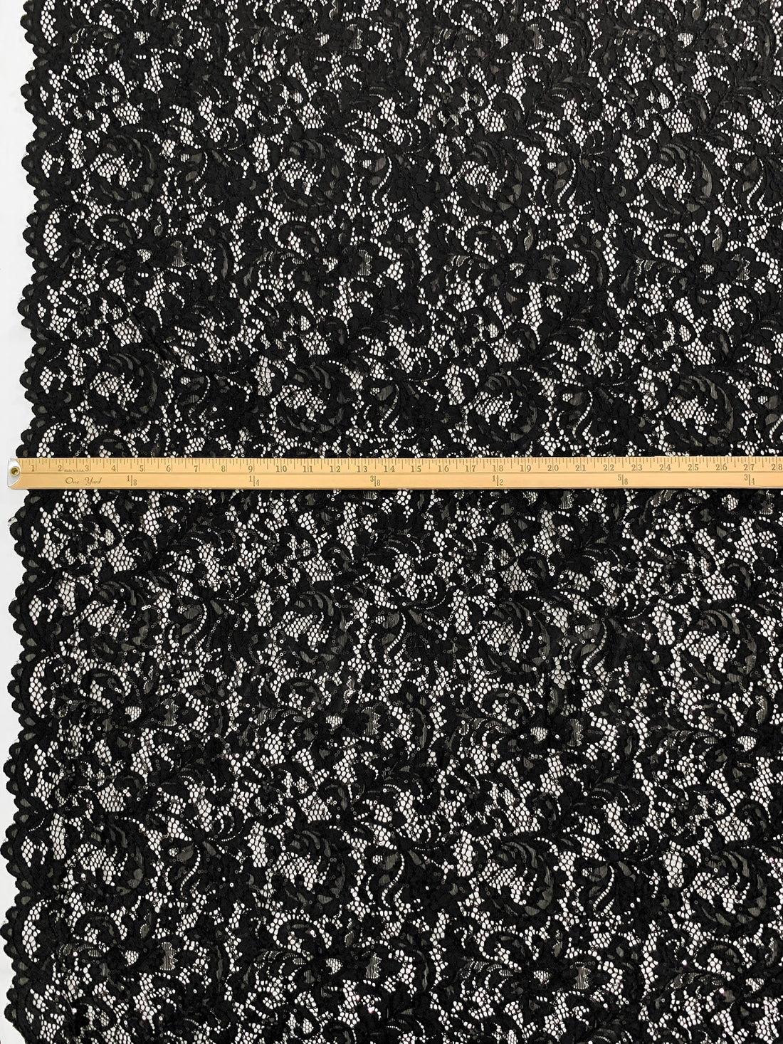 Black Nylon/Lycra Double Scalloped Border Floral Design Stretch Lace With Sequins - NY Designer - 56W