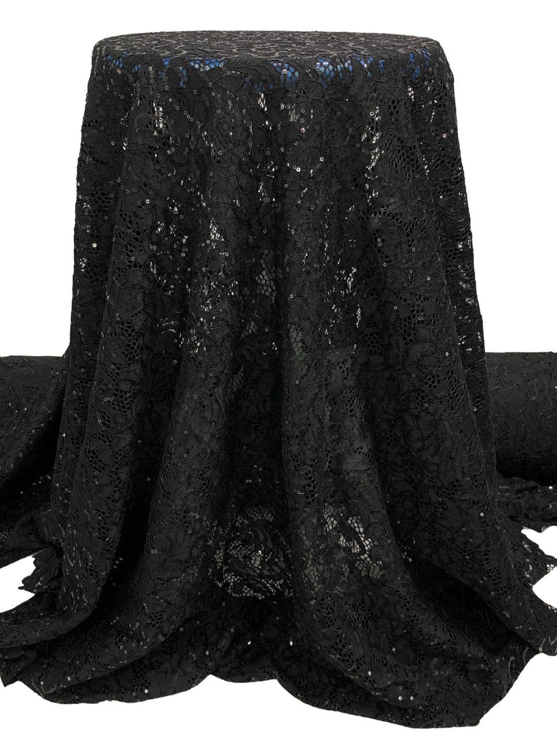 Black Nylon/Lycra Double Scalloped Border Floral Design Stretch Lace With Sequins - NY Designer - 56W