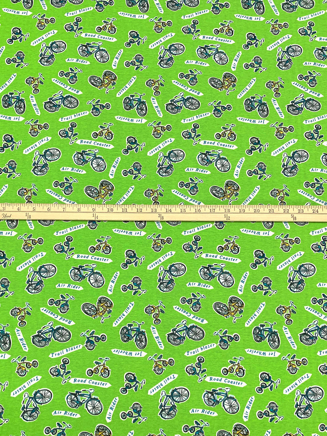 Bright Lime/Teal Blue/White Cotton/Lycra Bicycle Print Jersey Knit 59W