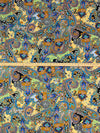 Lapis Blue/Buff Yellow/Black/Multi 100% Cotton Ornate Floral Paisley Scrolls Print Sateen Shirting 56W