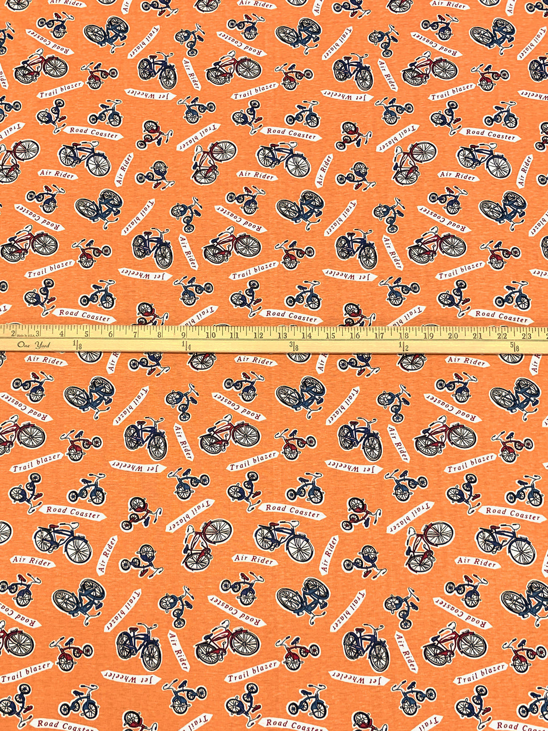 Atomic Tangerine/White/Dark Cerulean Cotton/Lycra Bicycle Print Jersey Knit 59W