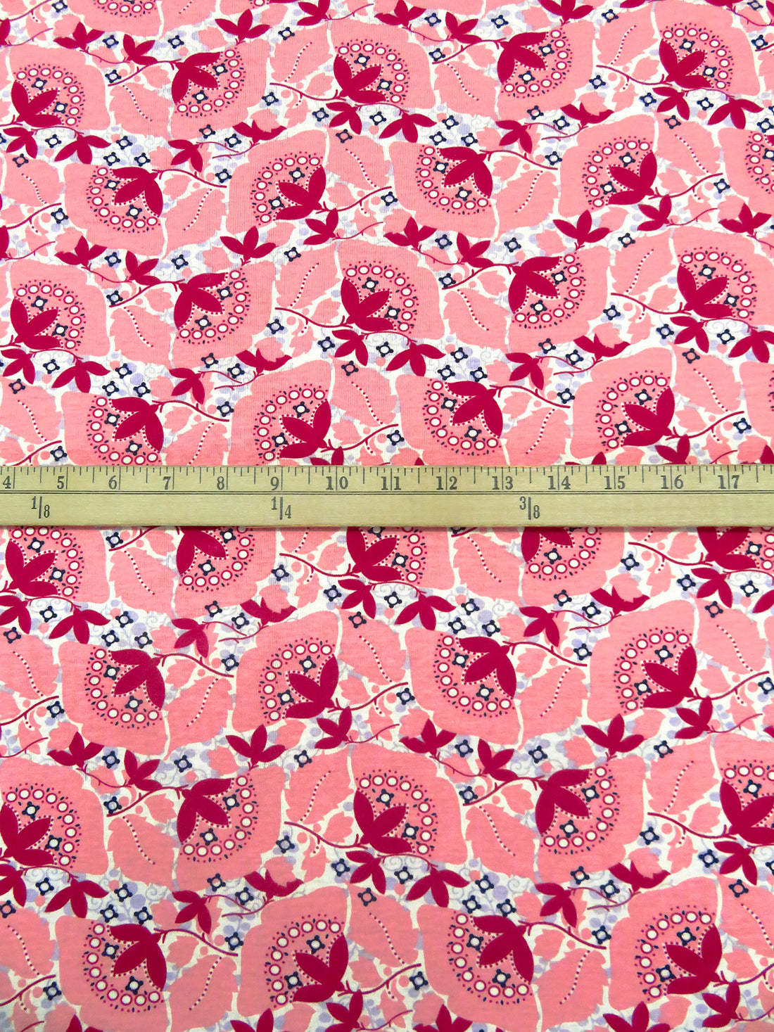 Deep Carmine Pink/White/Light Purple/Multi 100% Cotton Folk Floral Print Interlock Knit 55W