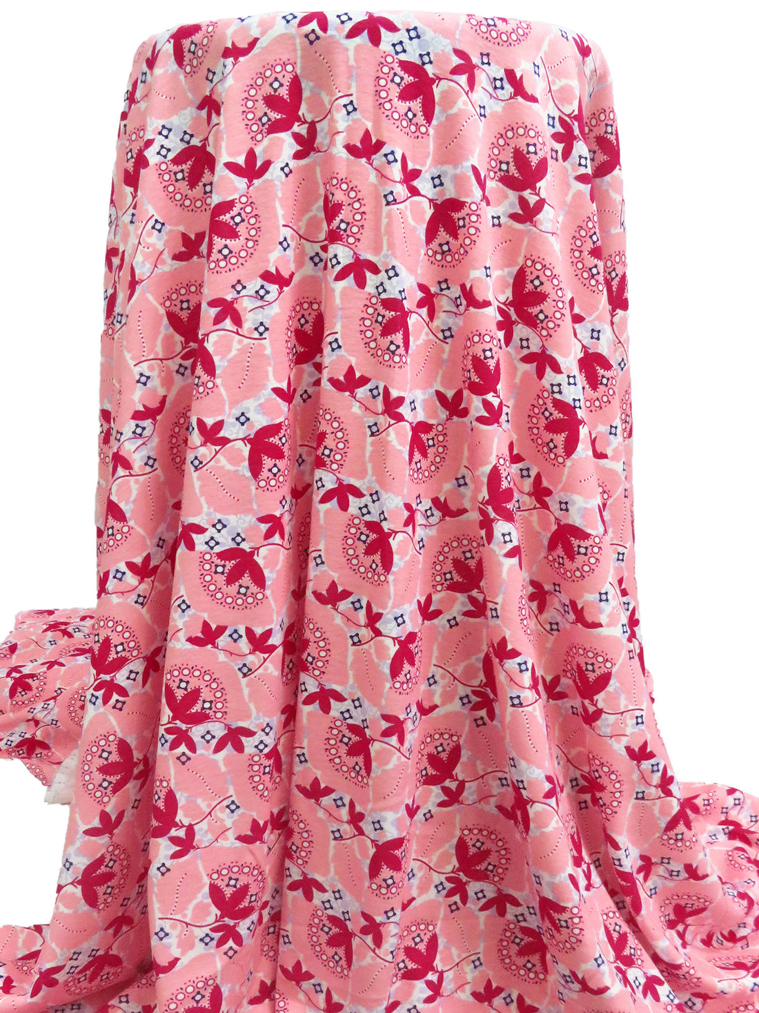 Deep Carmine Pink/White/Light Purple/Multi 100% Cotton Folk Floral Print Interlock Knit 55W