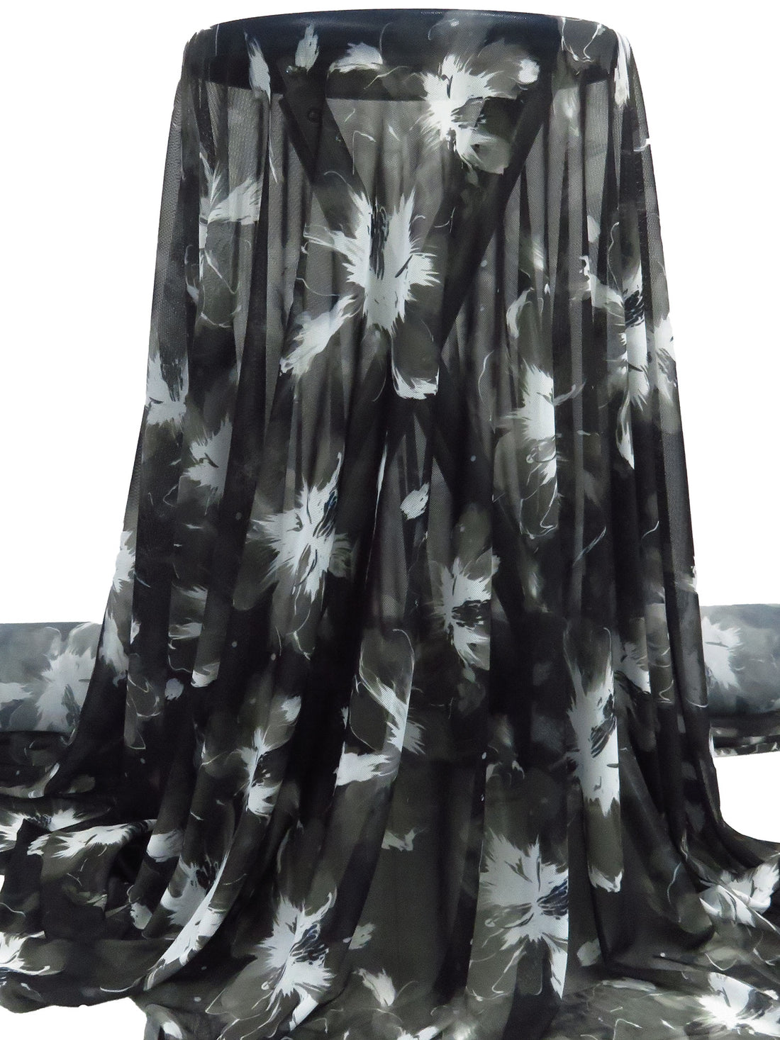White/Black/Dim Gray Nylon/Lycra Floral Print Mesh Knit - NY Designer - 58W