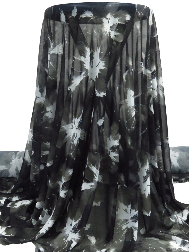 White/Black/Dim Gray Nylon/Lycra Floral Print Mesh Knit - NY Designer - 58W