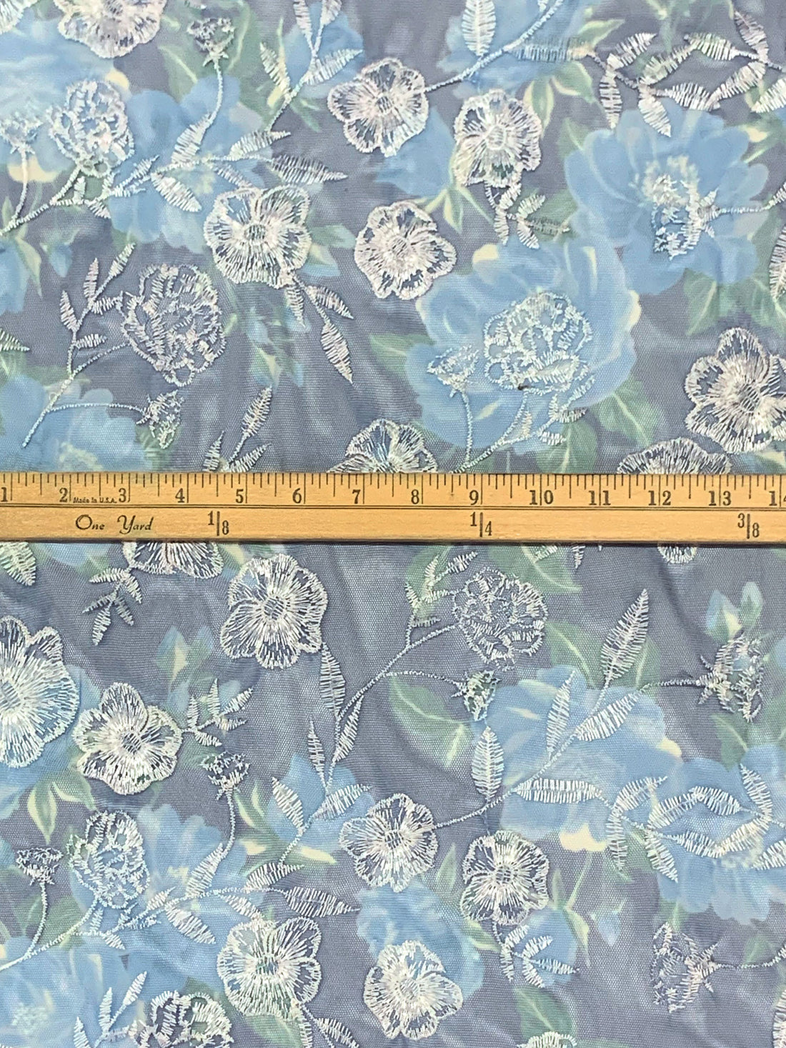 Dark Cerulean/Alabaster/Multi 100% Nylon Embroidered Floral Over Floral Print Netting 54W