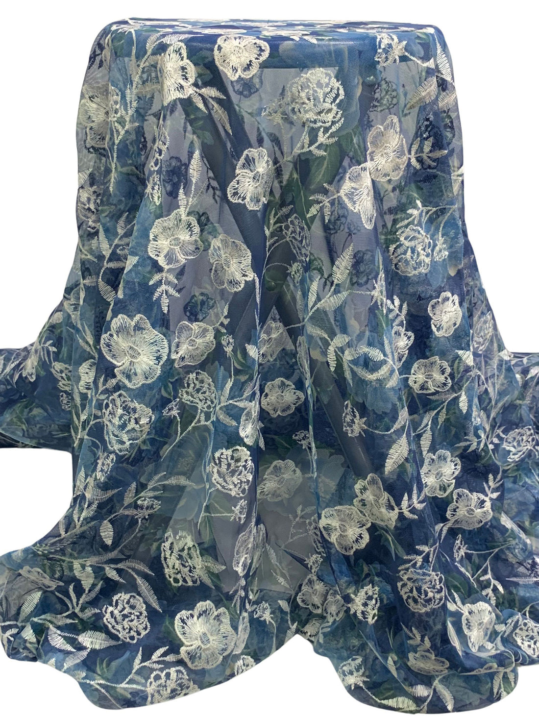 Dark Cerulean/Alabaster/Multi 100% Nylon Embroidered Floral Over Floral Print Netting 54W
