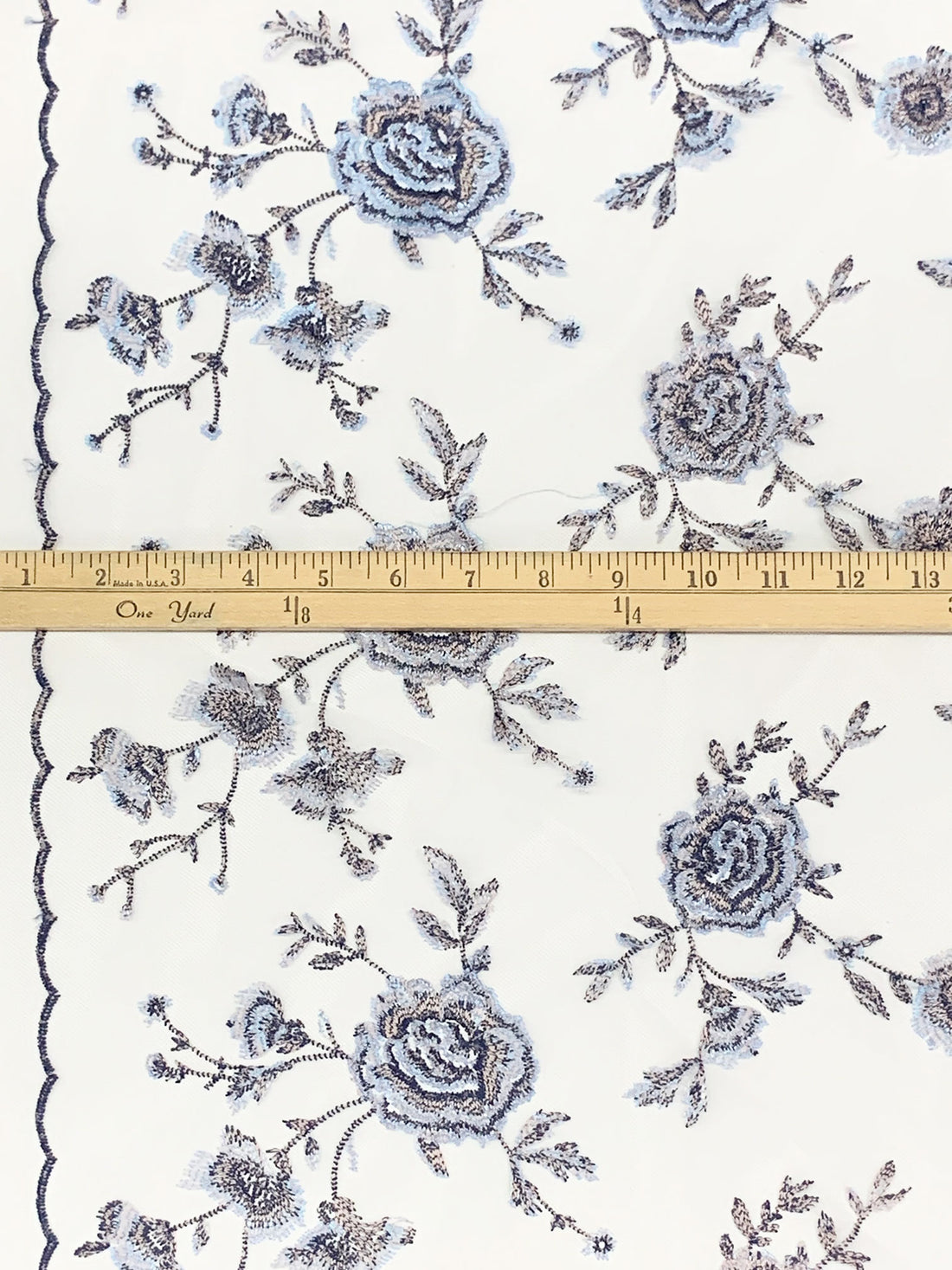 Palest Champagne Pink/Pale Blue/Navy 100% Nylon Embroidered Floral Netting 62W
