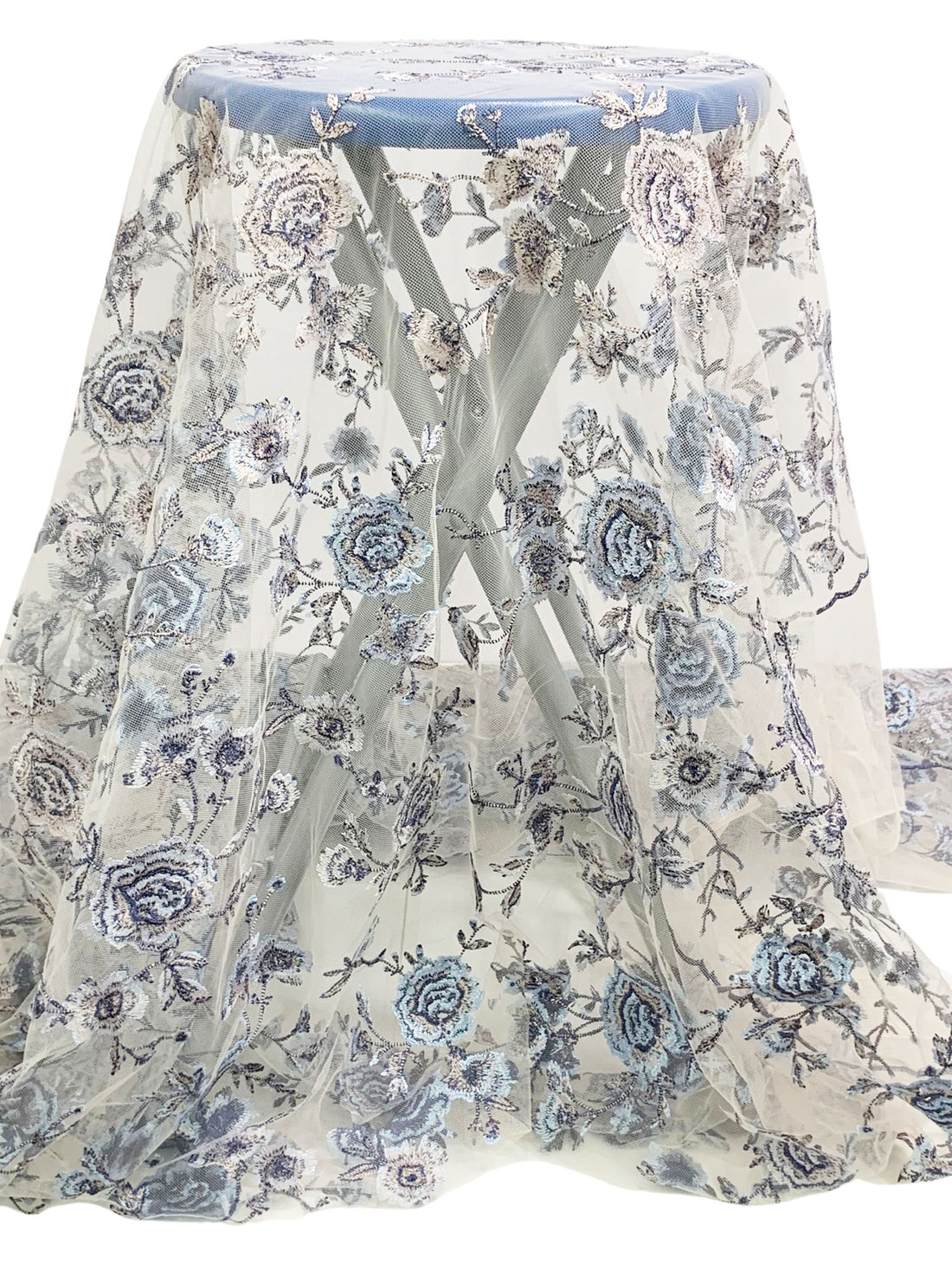 Palest Champagne Pink/Pale Blue/Navy 100% Nylon Embroidered Floral Netting 62W