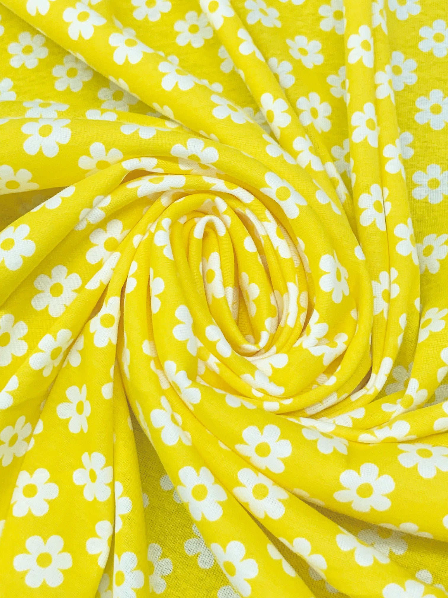 Sun Yellow/White 100% Cotton Retro Daisy Print Interlock Knit 56W