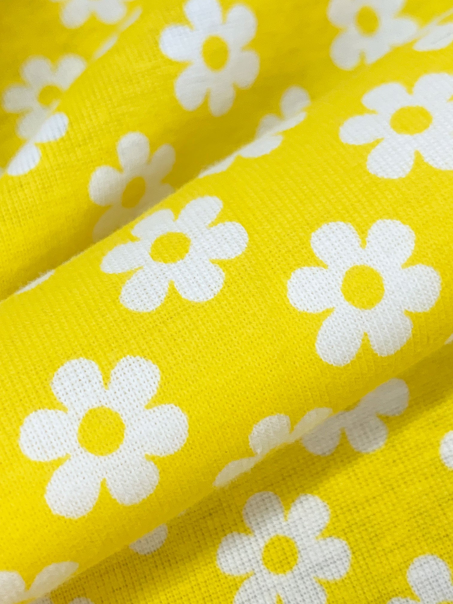 Sun Yellow/White 100% Cotton Retro Daisy Print Interlock Knit 56W