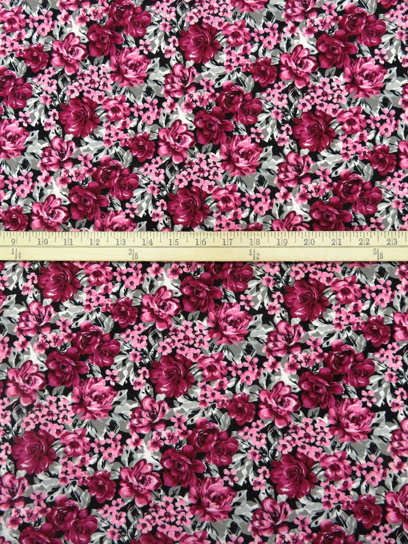 Dark Cerise/Light Gray/Black/Multi Rayon/Lycra Floral Print Jersey Knit - NY Designer - 62W