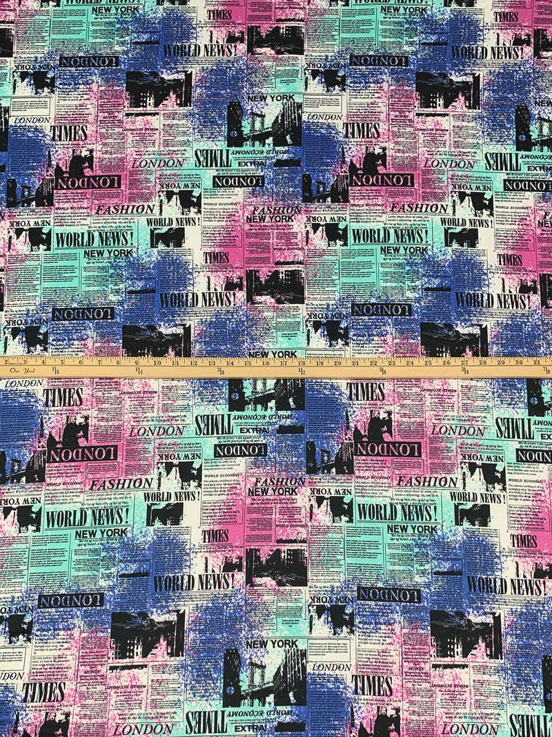 Cool Blue/Raspberry Pink/Black/Off-White Polyester/Lycra Abstract World News Print Double Brushed Knit 58W