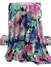 Cool Blue/Raspberry Pink/Black/Off-White Polyester/Lycra Abstract World News Print Double Brushed Knit 58W