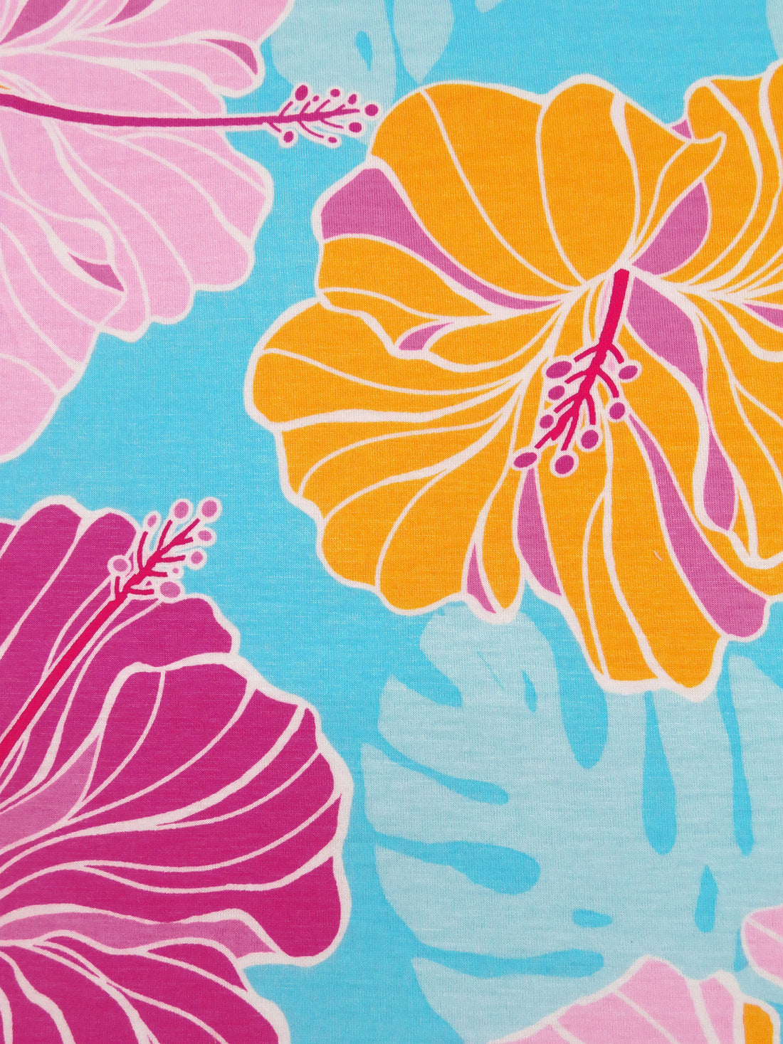 Light Hawaii Blue/Marigold/Amaranth Pink/Multi Rayon/Lycra Large Tropical Floral Print Jersey Knit - NY Designer - 66W