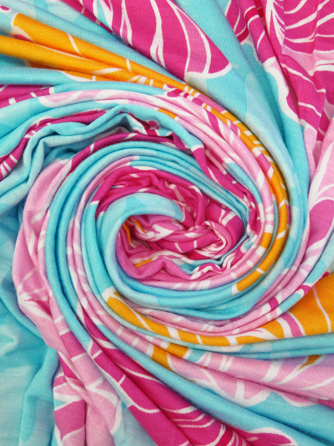 Light Hawaii Blue/Marigold/Amaranth Pink/Multi Rayon/Lycra Large Tropical Floral Print Jersey Knit - NY Designer - 66W