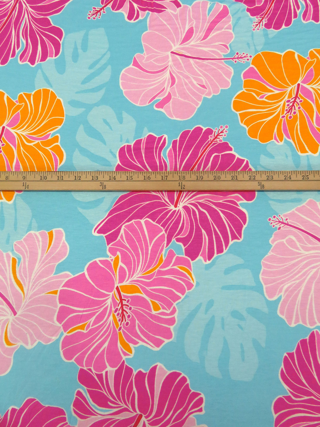 Light Hawaii Blue/Marigold/Amaranth Pink/Multi Rayon/Lycra Large Tropical Floral Print Jersey Knit - NY Designer - 66W