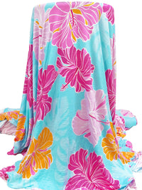 Light Hawaii Blue/Marigold/Amaranth Pink/Multi Rayon/Lycra Large Tropical Floral Print Jersey Knit - NY Designer - 66W