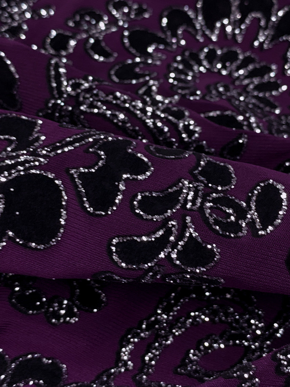 Deep Purple/Silver Polyester/Lycra Flocked Floral Design ITY Knit 59W