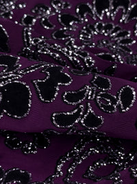 Deep Purple/Silver Polyester/Lycra Flocked Floral Design ITY Knit 59W