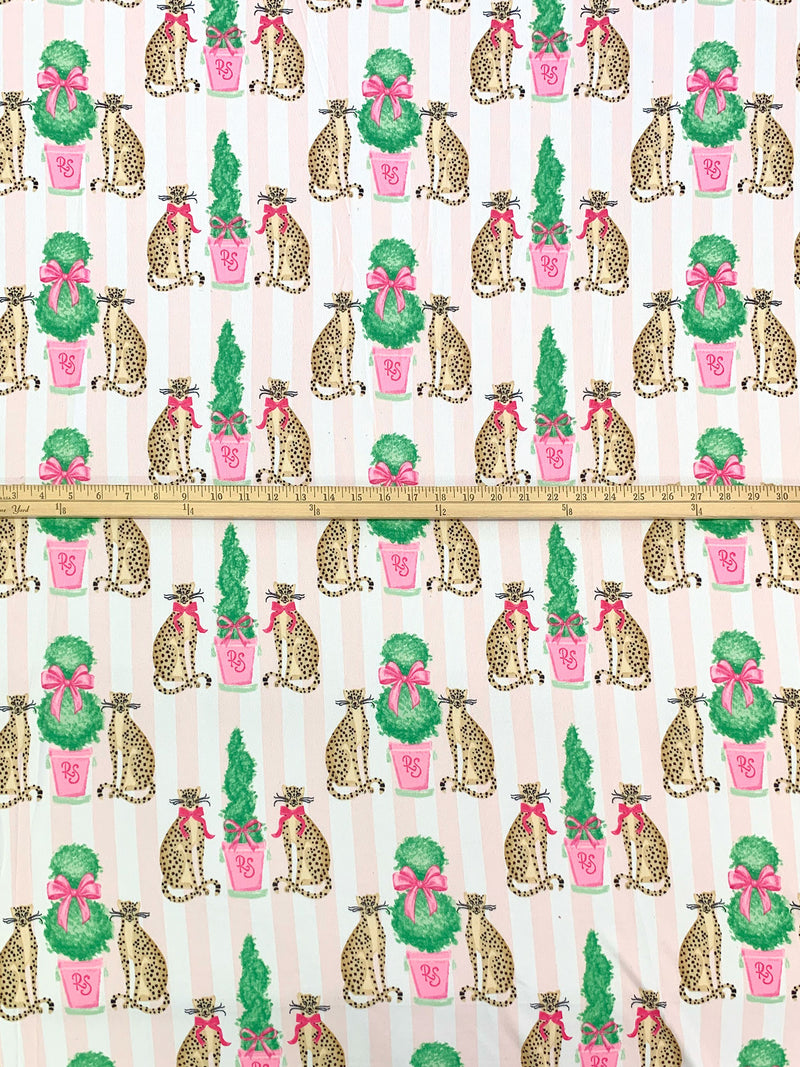 Champagne Pink/Camel/Sea Green/Multi Polyester/Lycra Cheetah Topiary Print Brushed Sweater Knit - NY Designer - 60W