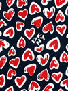 Dark Navy/Crimson/White Polyester/Lycra Hearts Print Brushed Sweater Knit - NY Designer - 58W