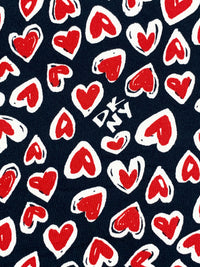 Dark Navy/Crimson/White Polyester/Lycra Hearts Print Brushed Sweater Knit - NY Designer - 58W