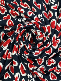 Dark Navy/Crimson/White Polyester/Lycra Hearts Print Brushed Sweater Knit - NY Designer - 58W