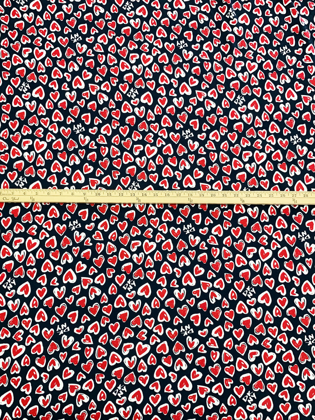 Dark Navy/Crimson/White Polyester/Lycra Hearts Print Brushed Sweater Knit - NY Designer - 58W