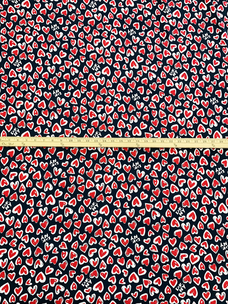 Dark Navy/Crimson/White Polyester/Lycra Hearts Print Brushed Sweater Knit - NY Designer - 58W