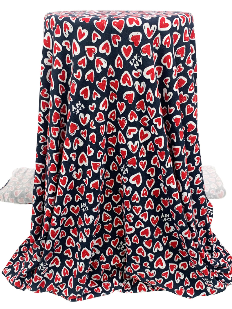 Dark Navy/Crimson/White Polyester/Lycra Hearts Print Brushed Sweater Knit - NY Designer - 58W