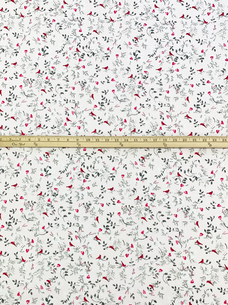 White/Carmine/Dark Slate 100% Cotton Floral Fauna Print Interlock Knit - NY Designer - 62W