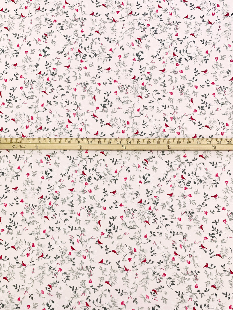 Palest Petal Pink/Carmine/Dark Slate 100% Cotton Floral Fauna Print Interlock Knit - NY Designer - 62W