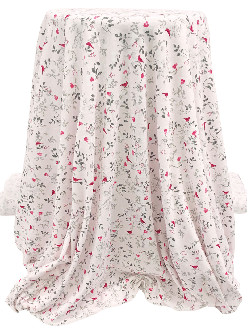 Palest Petal Pink/Carmine/Dark Slate 100% Cotton Floral Fauna Print Interlock Knit - NY Designer - 62W