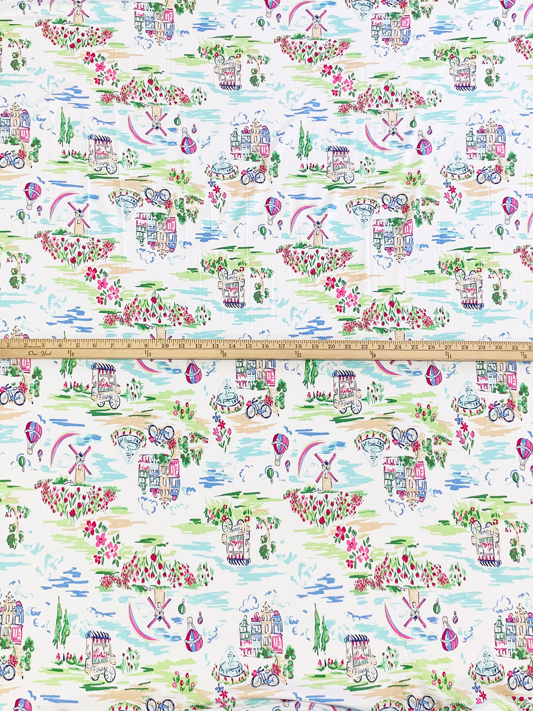 White/Bright Blue/Soft Green/Multi Cotton/Lycra Dutch Countryside Print Jersey Knit - NY Designer - 66W