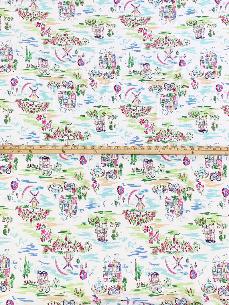 White/Bright Blue/Soft Green/Multi Cotton/Lycra Dutch Countryside Print Jersey Knit - NY Designer - 66W