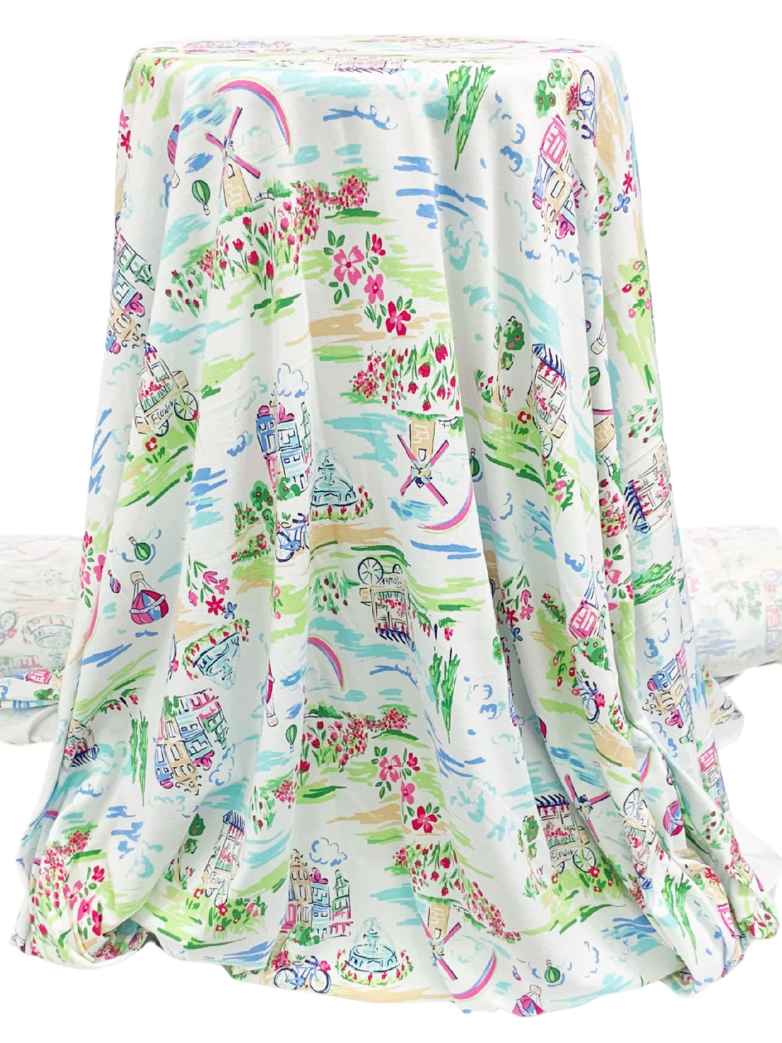 White/Bright Blue/Soft Green/Multi Cotton/Lycra Dutch Countryside Print Jersey Knit - NY Designer - 66W