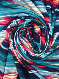 Midnight Navy/Coral Red/Bondi Blue/Multi Cotton/Lycra Abstract Horizontal Stripe Print Jersey Knit - NY Designer - 64W