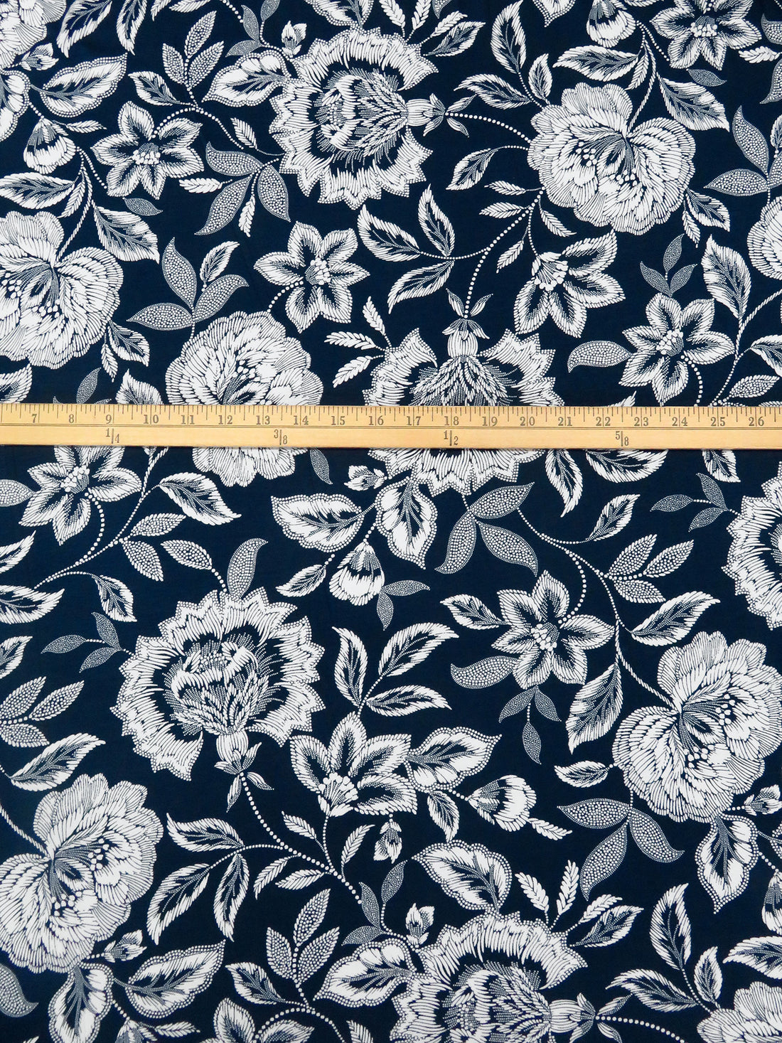 Midnight Navy/White Rayon/Lycra Folk Floral Print Jersey Knit - NY Designer - 66W