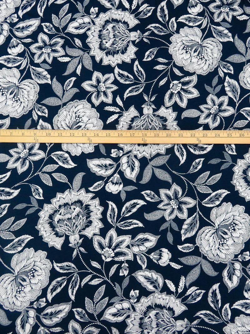 Midnight Navy/White Rayon/Lycra Folk Floral Print Jersey Knit - NY Designer - 66W